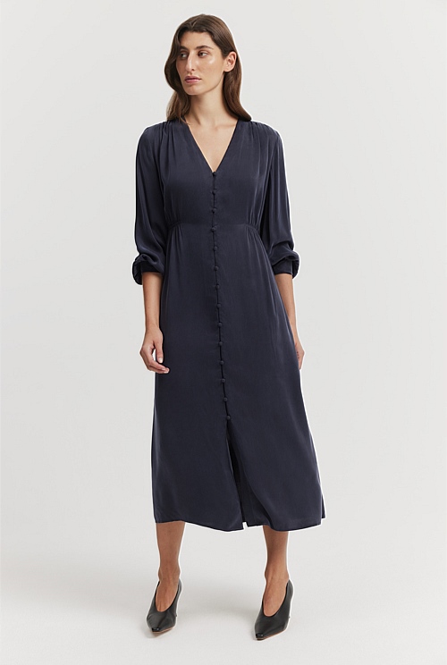 Midnight Blue Cupro Gathered Waist Dress - Dresses | Country Road