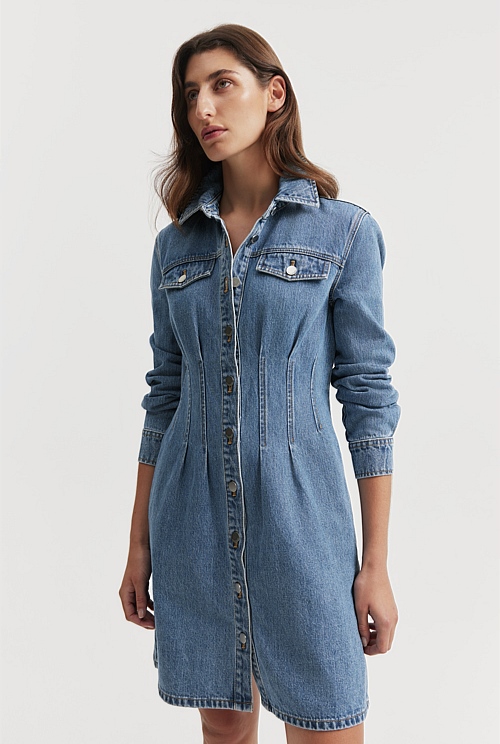 Dark Indigo Australian Cotton Panelled Denim Dress - Dresses | Country Road