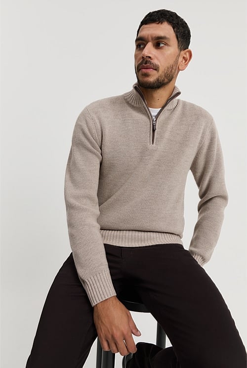 Wheat Australian Lambswool Half Zip Knit - Natural Fibres | Country Road