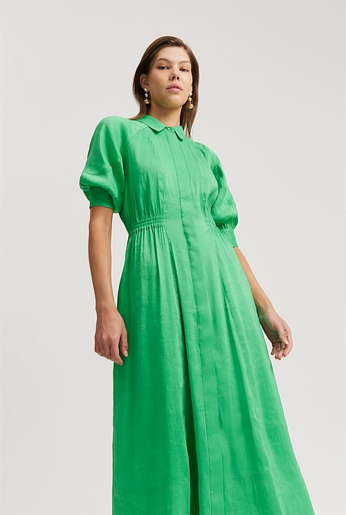 Jewel Green Organically Grown Linen Blend Fluid Cinched Shirt Dress ...