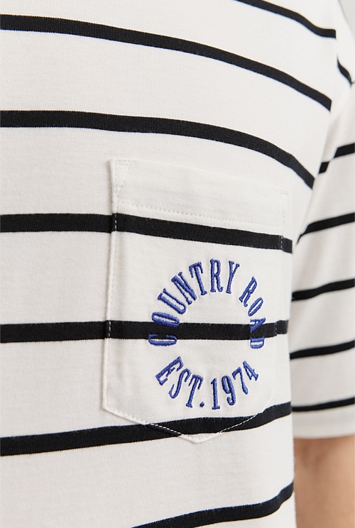 White Multi Australian Cotton Round Logo Stripe Oversized TShirt T