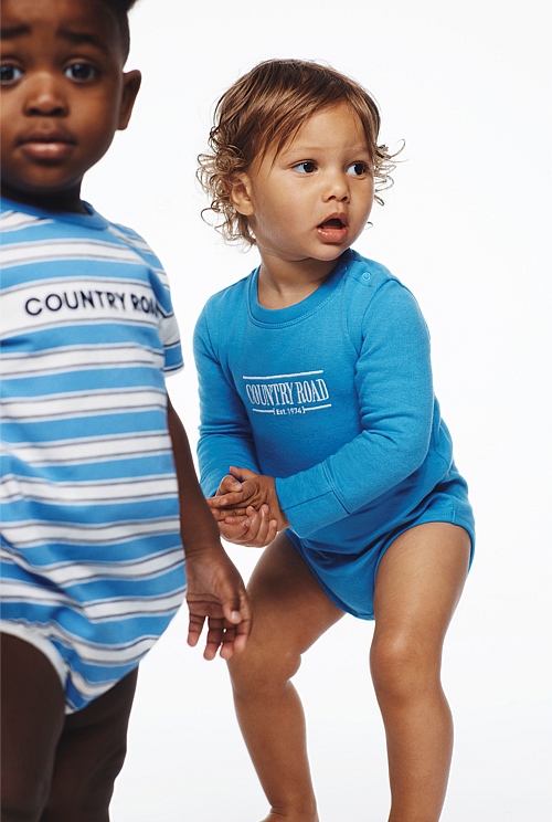 Sky Blue Organically Grown Cotton Heritage Long Sleeve Bodysuit Jumpsuits & Bodysuits