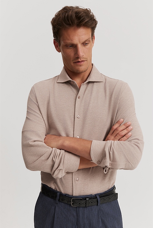 Taupe Melange Tailored Fit Pique Shirt - Natural Fibres | Country Road