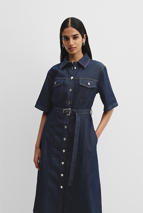 Indigo Rinse Short Sleeve Denim Midi Dress - Dresses | Country Road