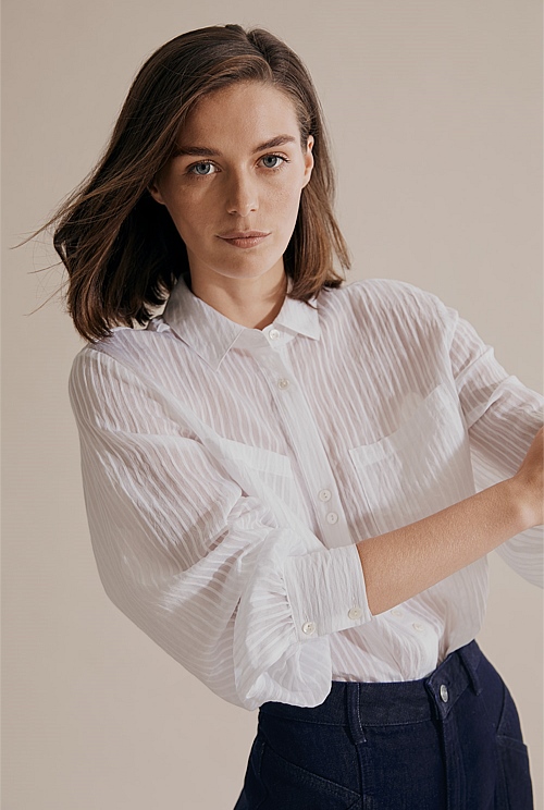 White Self Stripe Blouse - Shirts | Country Road