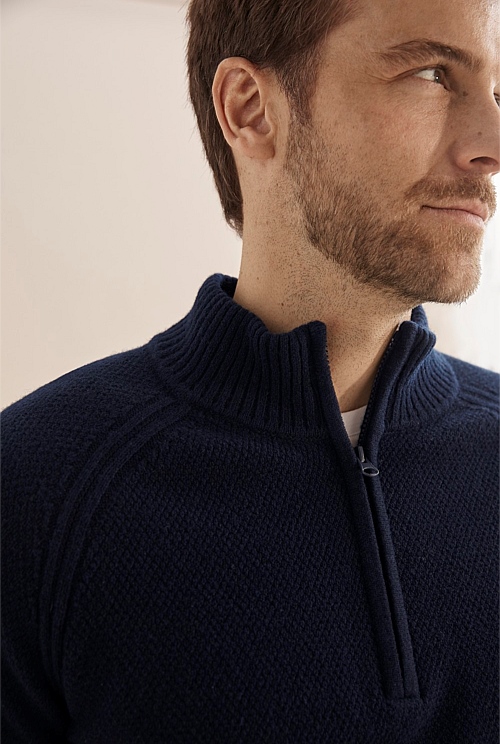 Navy Australian Lambswool Half Zip Knit - Knitwear | Country Road